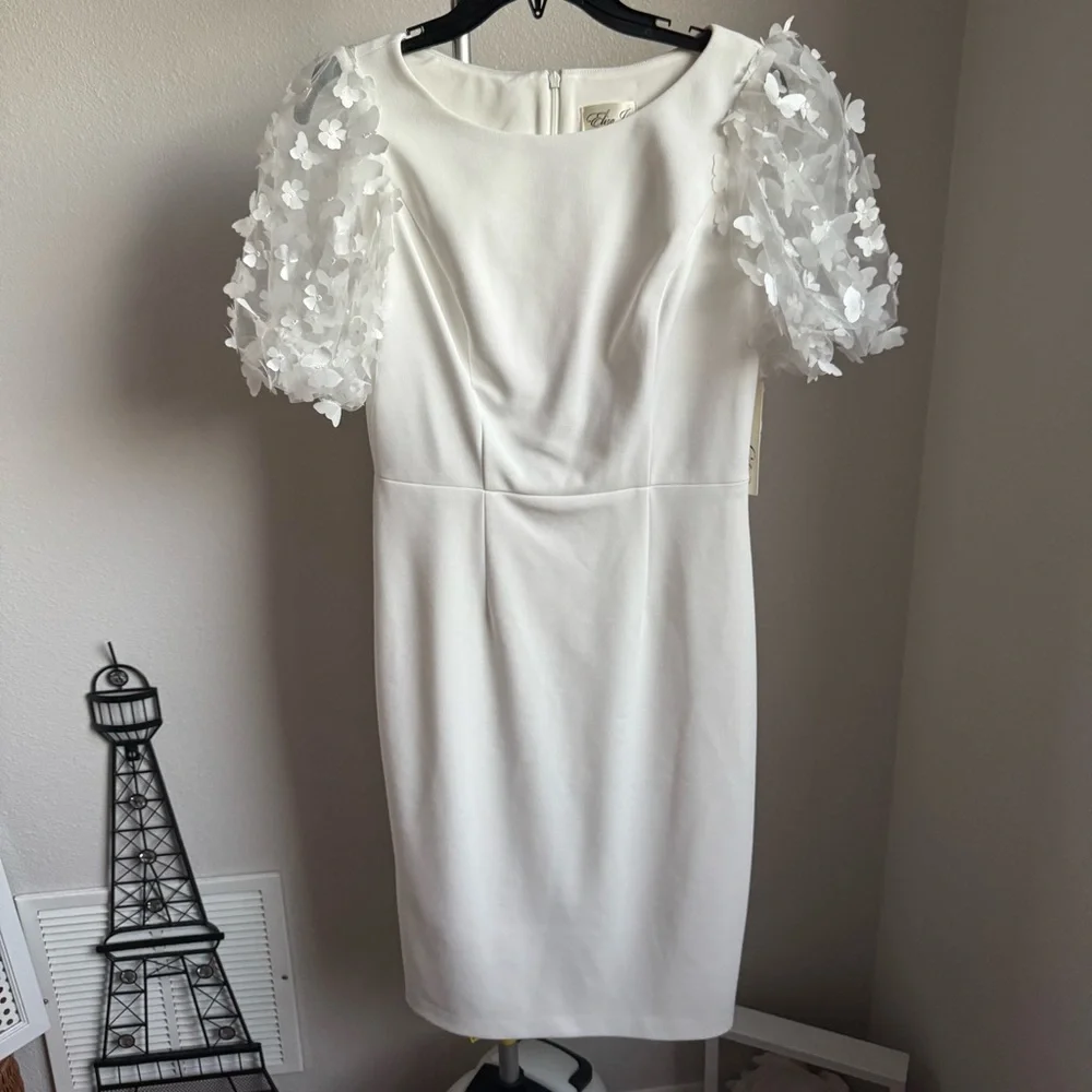 NWT ELIZA J 3d Applique Puff Sleeve Knee Length White Dress Sz 6 - Picture 7 of 13